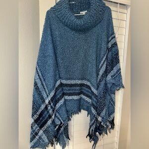 Westbound Blue Poncho Sweater with Fringe